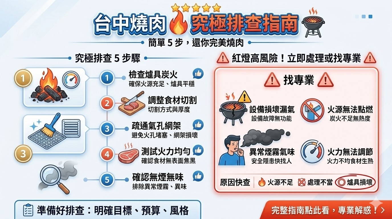 台中燒肉是一項受歡迎的餐飲選擇，吸引了大量食客前來品味各種美味的燒烤料理。然而，燒肉過程中可能會遇到火力不足、食材過熟或設備故障等問題，影響餐飲體驗。本篇指南將幫助您解決台中燒肉的常見問題，提供排查步驟與有效解決方案，讓您享受順暢的燒烤過程。了解如何選擇適合的燒烤設備並做好食材準備，確保燒肉效果達到最佳。